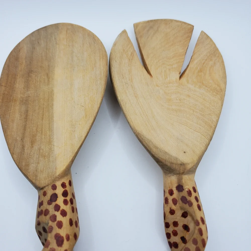 Hand Carved Wood Salad Servers Spoon And Fork Set Cheetah Hand Painted